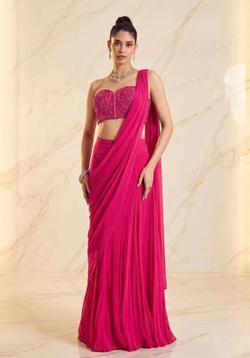 Rani Pink Embroidered Handwork Pre Draped Saree Set