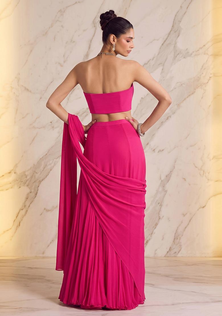 Rani Pink Embroidered Handwork Pre Draped Saree Set - Indya
