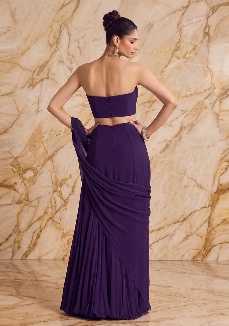 Deep Purple Embroidered Handwork Pre Draped Saree Set - Indya