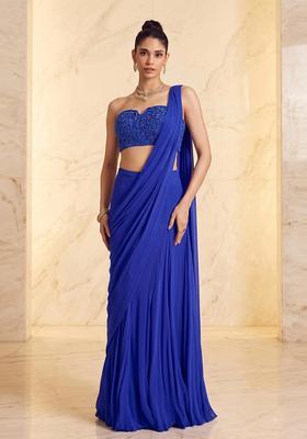 Royal Blue Embroidered Handwork Pre Draped Saree Set