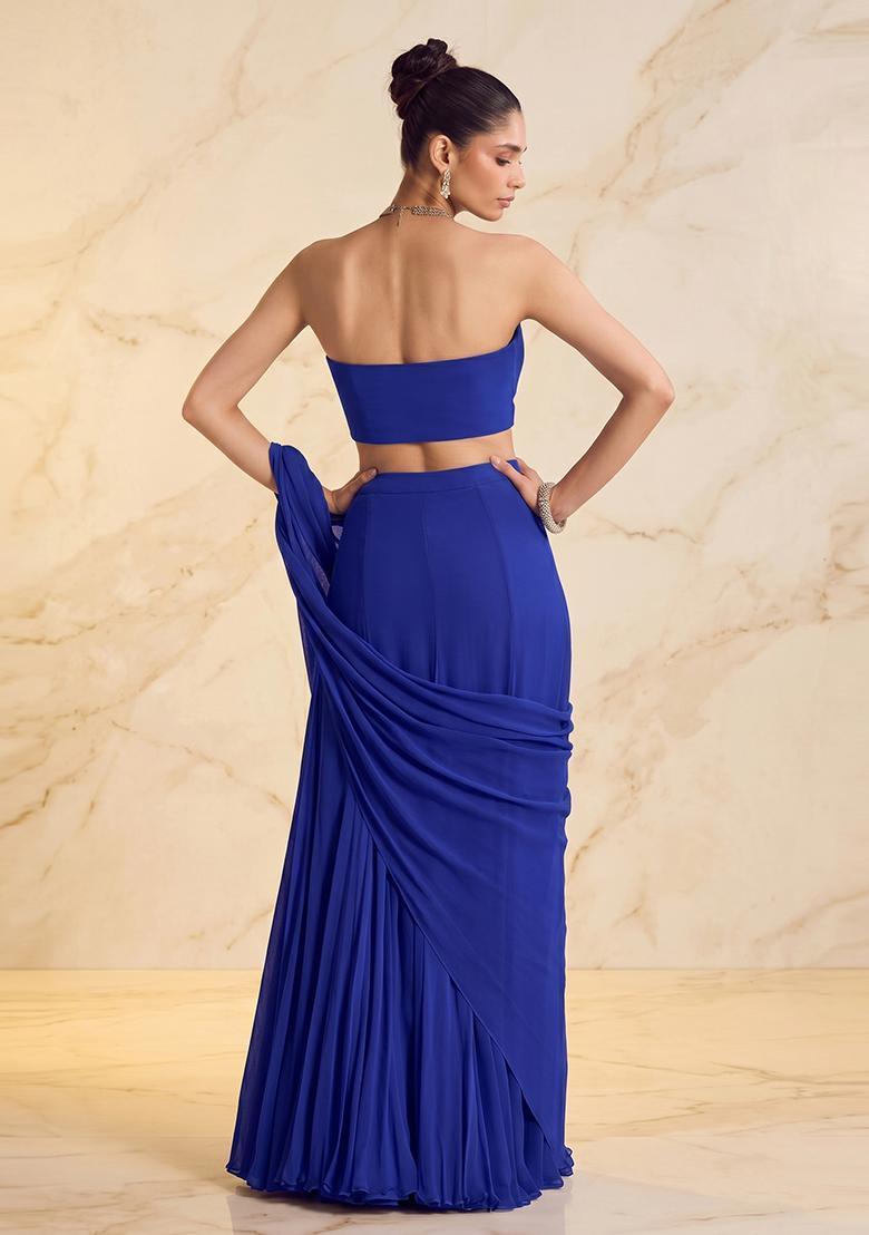 Royal Blue Embroidered Handwork Pre Draped Saree Set - Indya