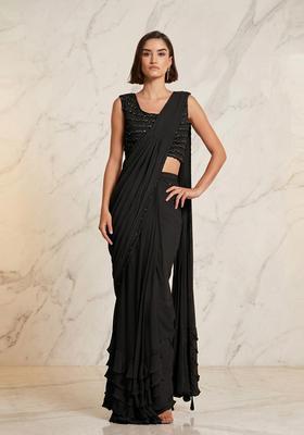 Black Embroidered Handwork Pre Draped Saree Set