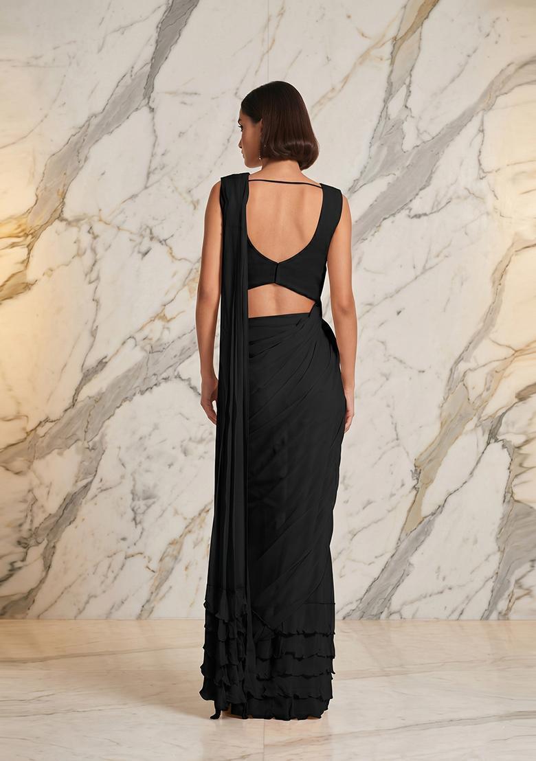 Black Embroidered Handwork Pre Draped Saree Set - Indya