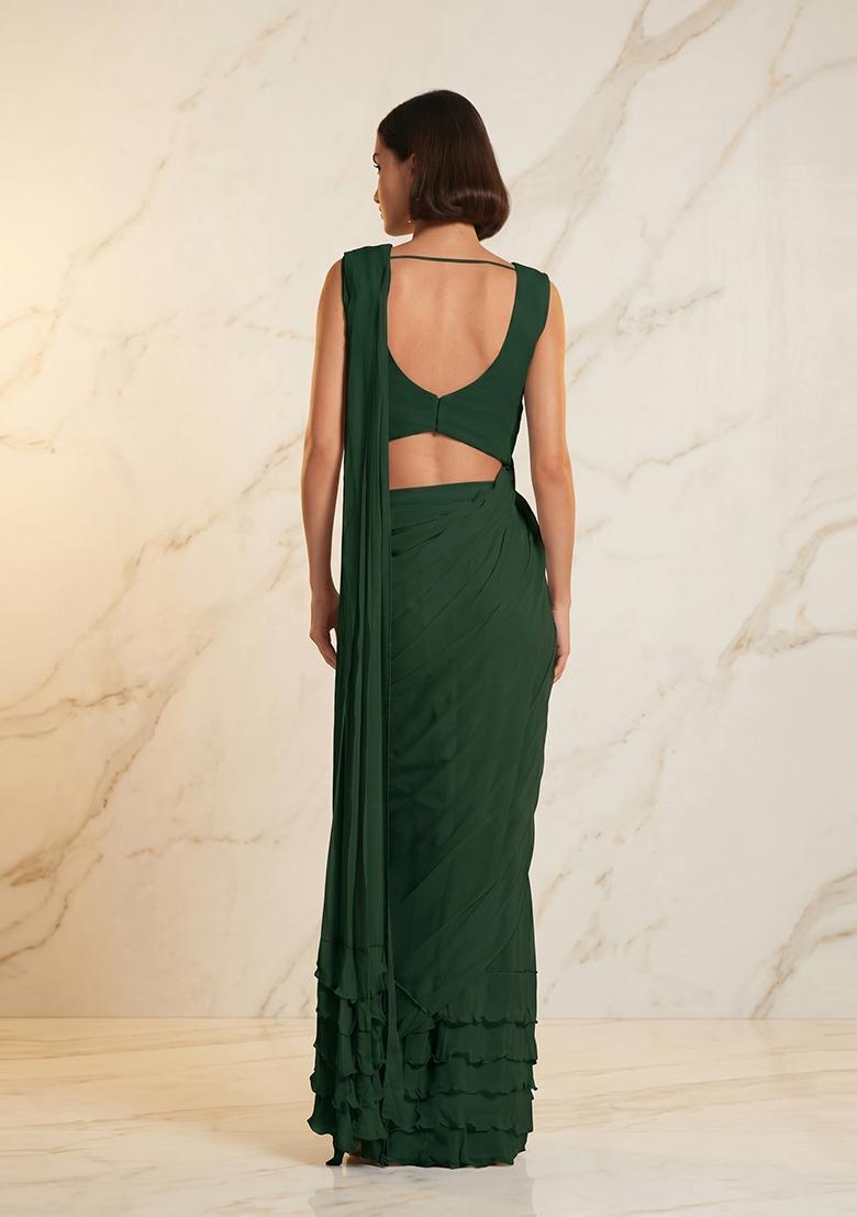 Emerald Green Embroidered Handwork Pre Draped Saree Set - Indya