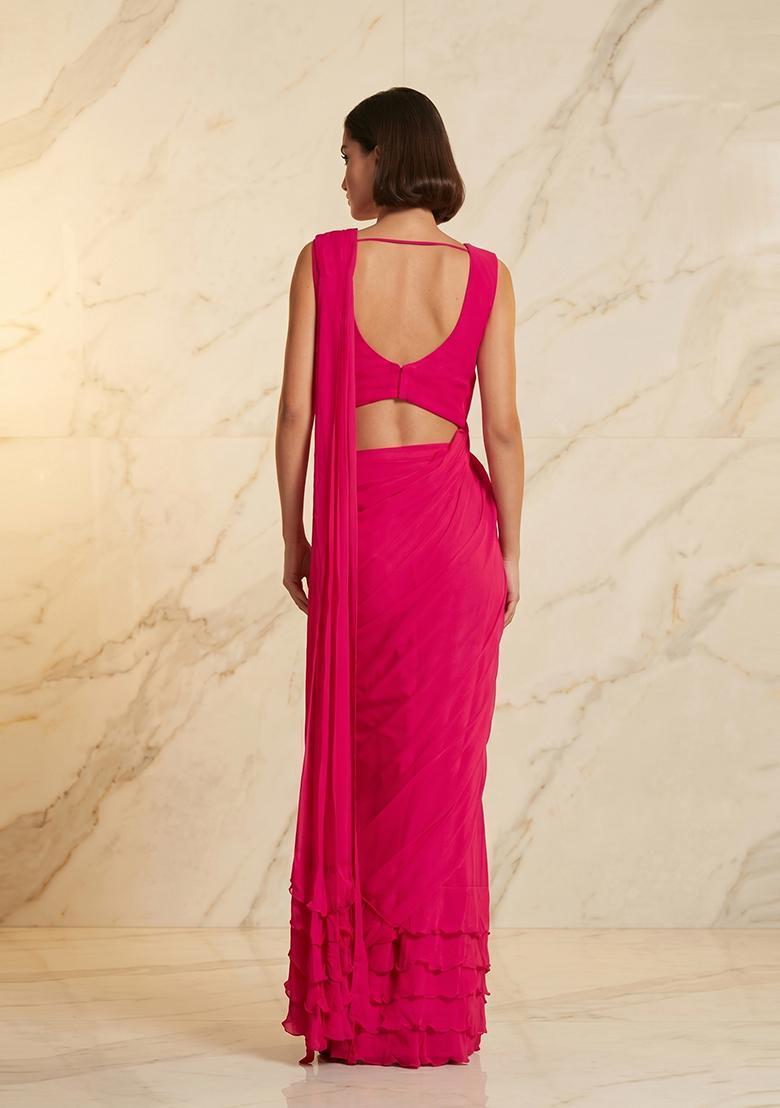 Pink Embroidered Handwork Pre Draped Saree Set - Indya