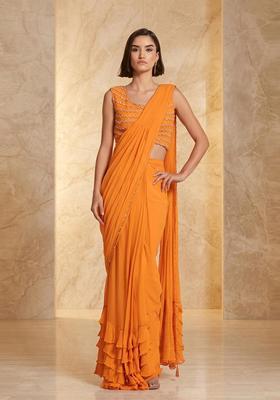 Orange Embroidered Handwork Pre Draped Saree Set