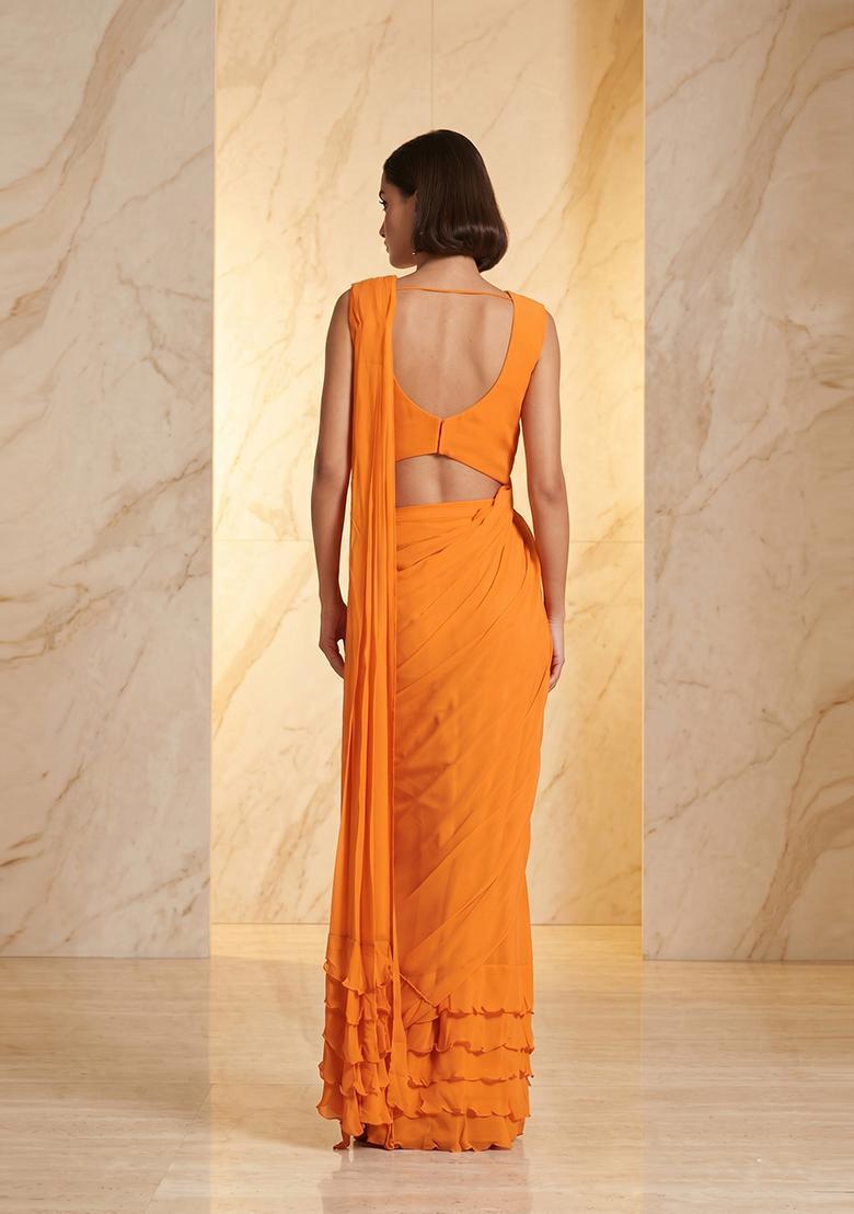 Orange Embroidered Handwork Pre Draped Saree Set - Indya