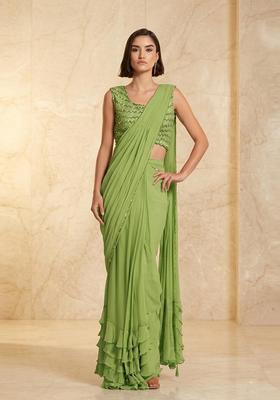 Green Embroidered Handwork Pre Draped Saree Set