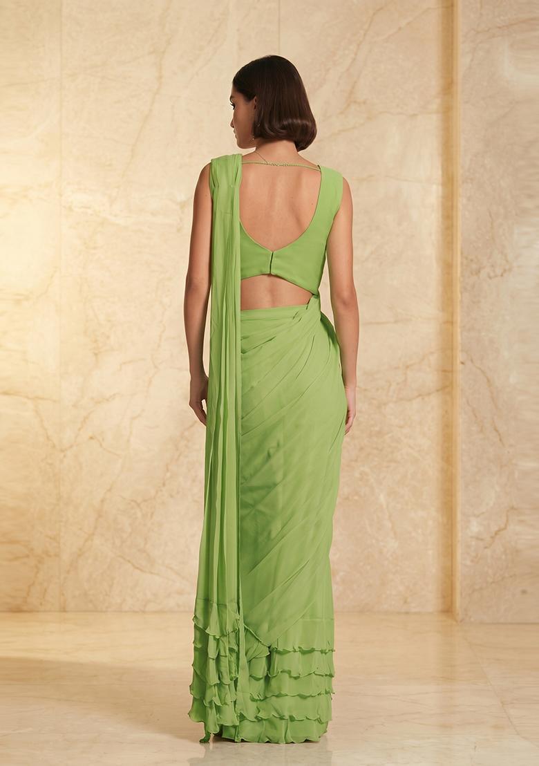 Green Embroidered Handwork Pre Draped Saree Set - Indya