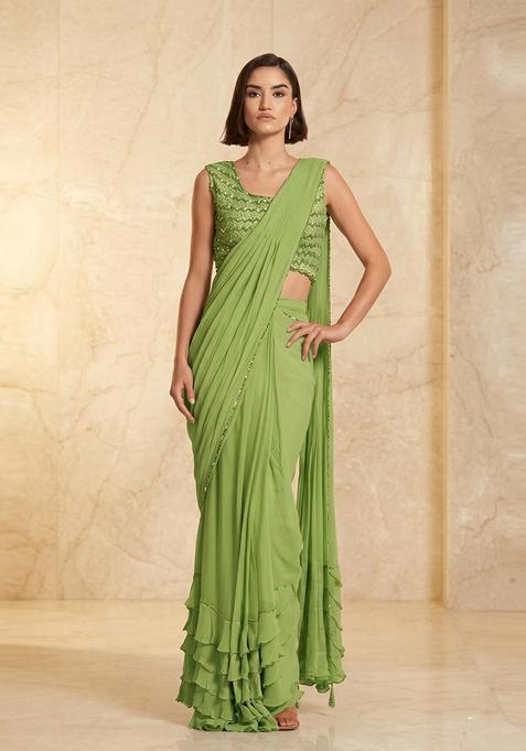Green Embroidered Handwork Pre Draped Saree Set