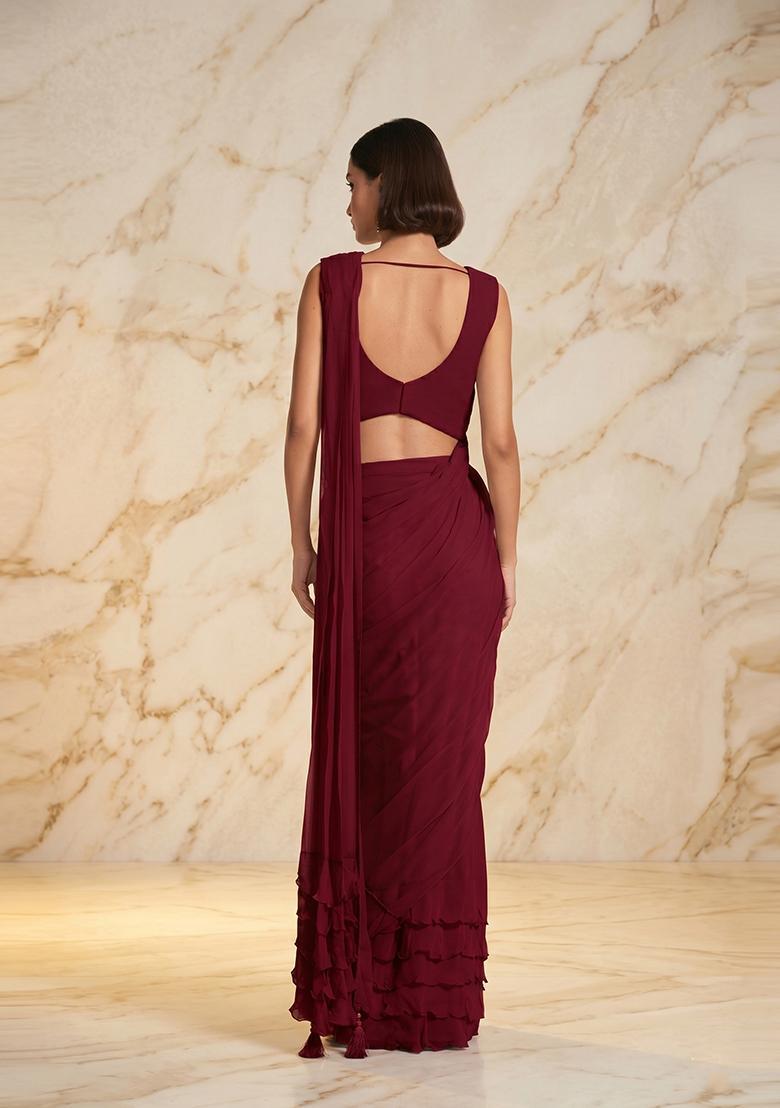 Maroon Embroidered Handwork Pre Draped Saree Set - Indya