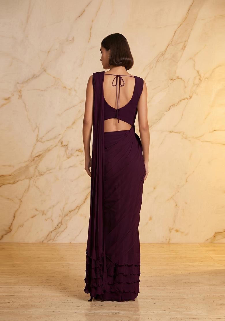 Deep Purple Embroidered Handwork Pre Draped Saree Set - Indya