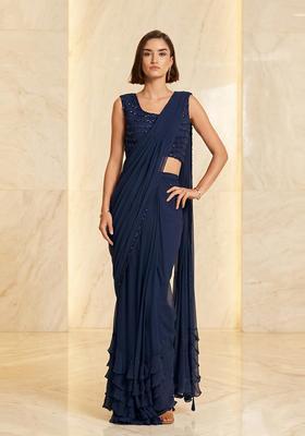 Navy Blue Embroidered Handwork Pre Draped Saree Set