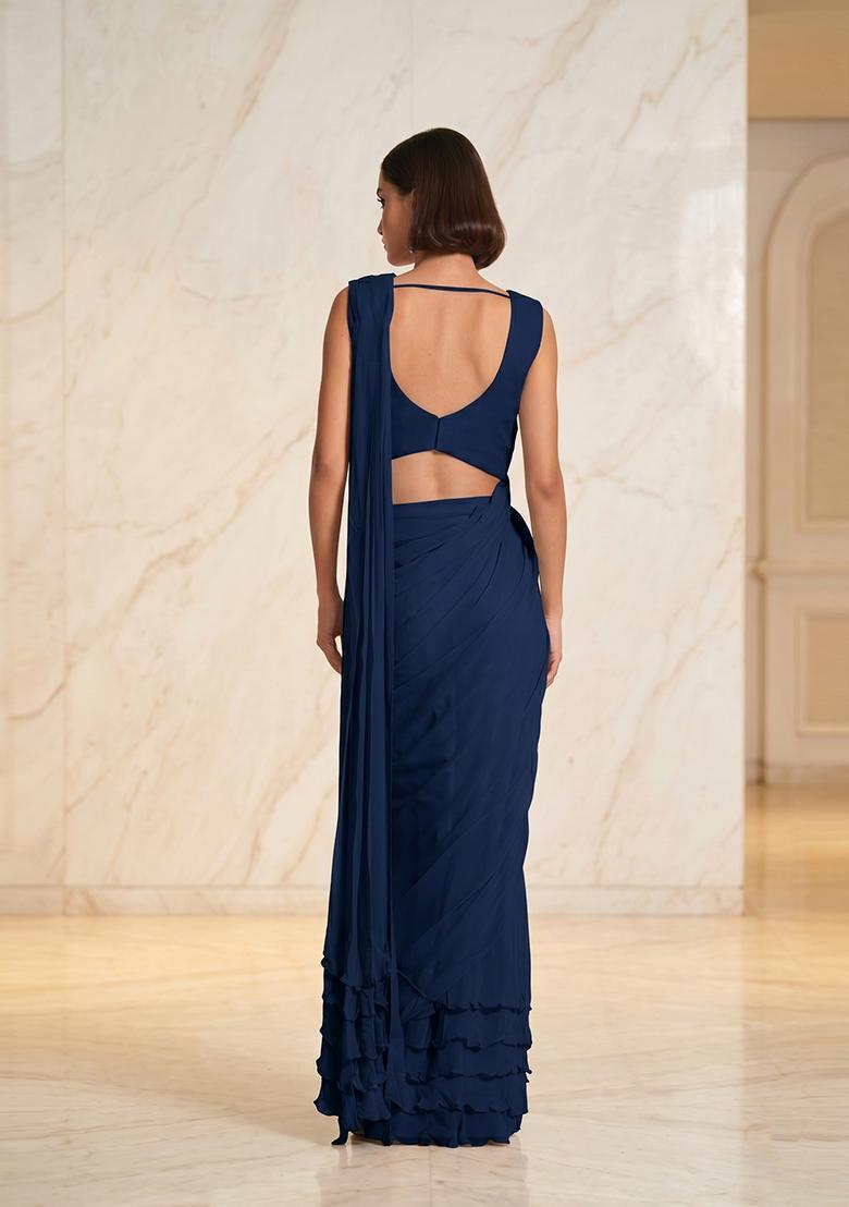 Navy Blue Embroidered Handwork Pre Draped Saree Set - Indya