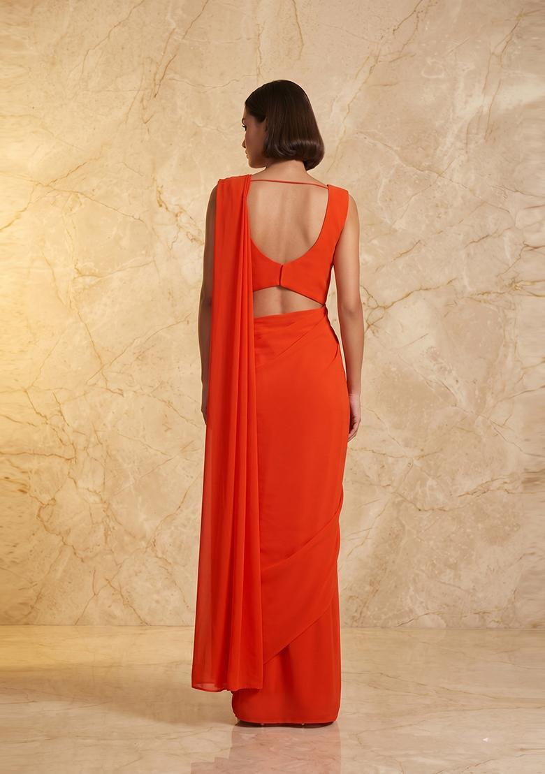 Rust Orange Embroidered Handwork Pre Draped Saree Set - Indya