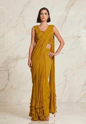 Mustard Embroidered Handwork Pre Draped Saree Set