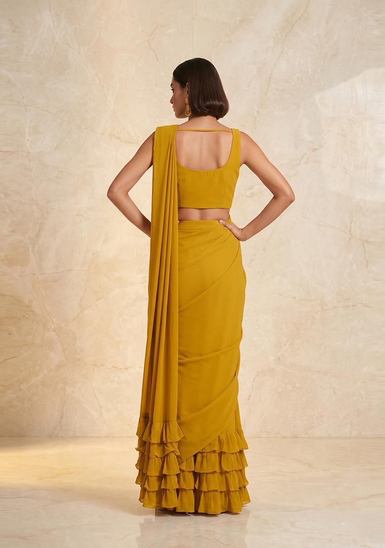 Mustard Embroidered Handwork Pre Draped Saree Set - Indya