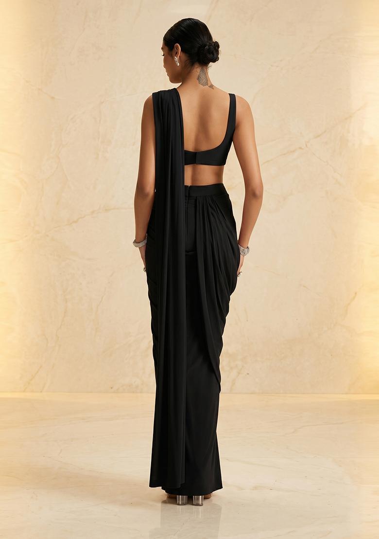 Black Embroidered Handwork Pre Draped Saree Set - Indya