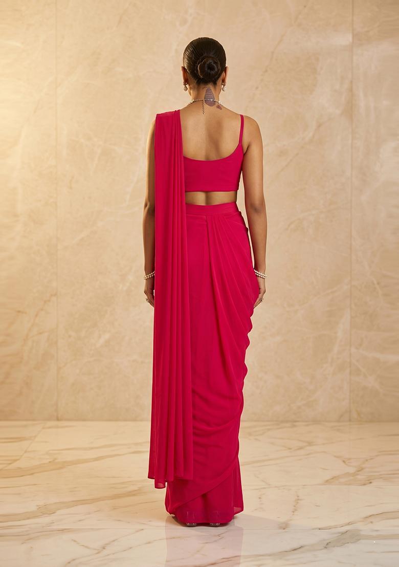 Magenta Embroidered Handwork Pre Draped Saree Set - Indya