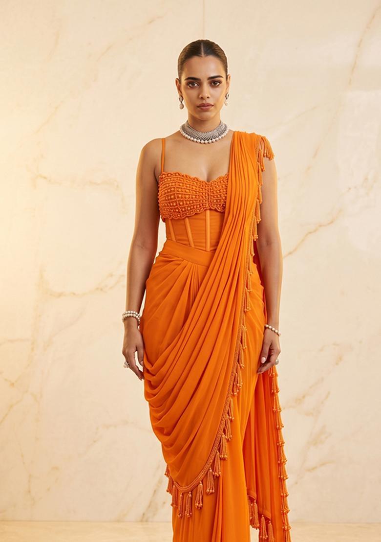 Bright Orange Embroidered Handwork Pre Draped Saree Set - Indya