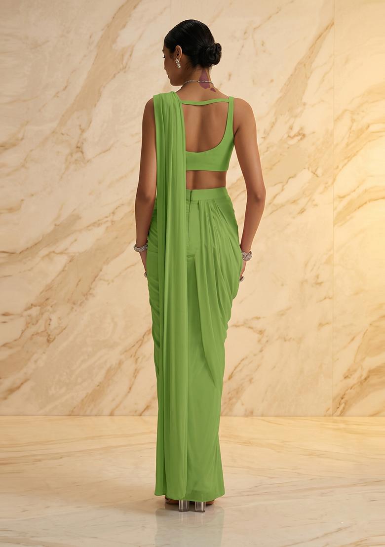 Lime Green Embroidered Handwork Pre Draped Saree Set - Indya