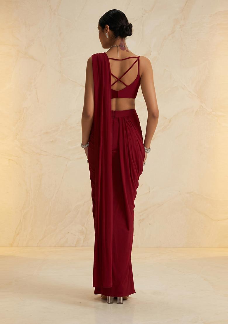Maroon Embroidered Handwork Pre Draped Saree Set - Indya