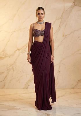 Deep Wine Embroidered Handwork Pre Draped Saree Set