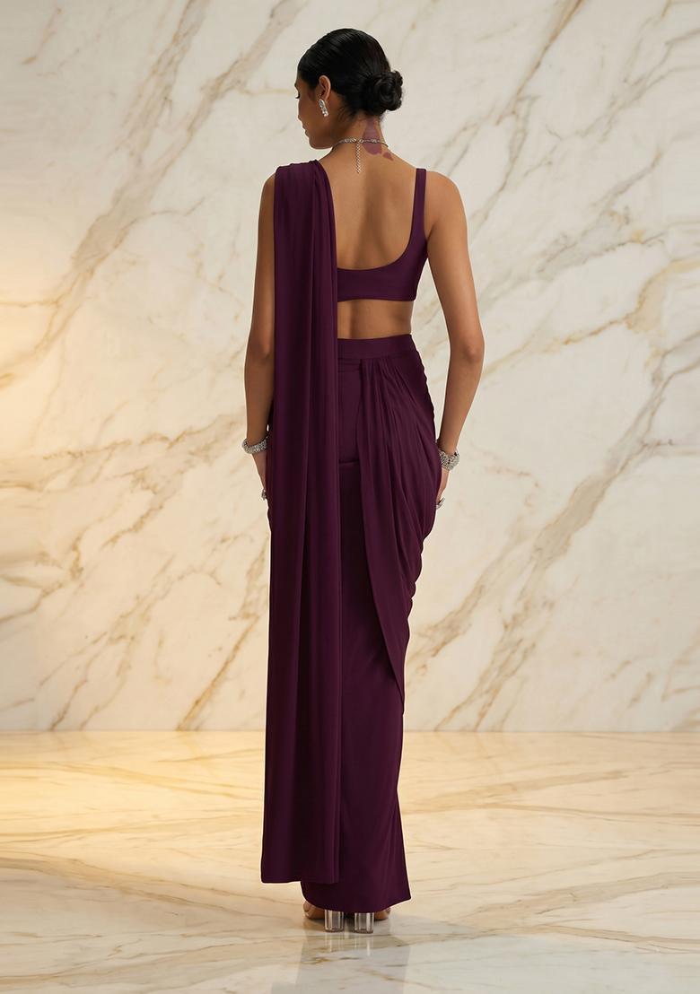 Deep Wine Embroidered Handwork Pre Draped Saree Set - Indya