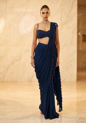 Navy Blue Embroidered Handwork Pre Draped Saree Set