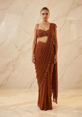 Rust Brown Embroidered Handwork Pre Draped Saree Set