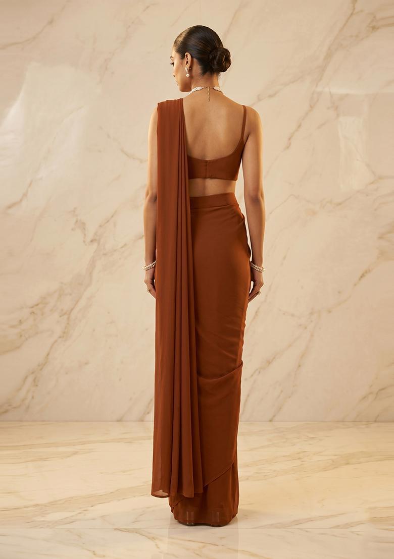 Rust Brown Embroidered Handwork Pre Draped Saree Set - Indya