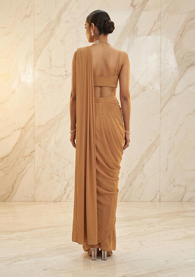 Beige Embroidered Handwork Pre Draped Saree Set - Indya