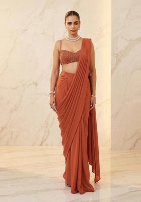 Baby Pink Embroidered Handwork Pre Draped Saree Set