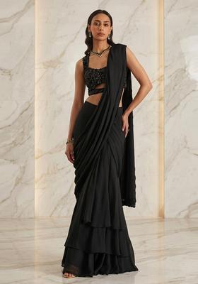 Black Embroidered Handwork Pre Draped Saree Set