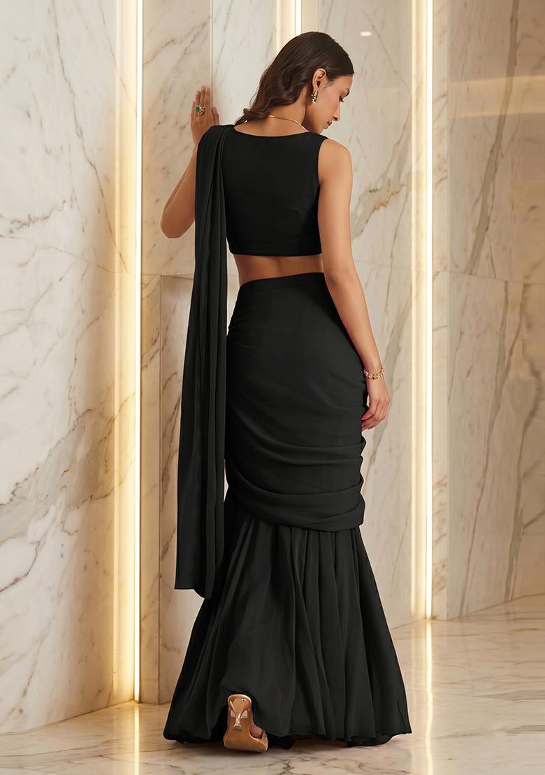 Black Embroidered Handwork Pre Draped Saree Set - Indya