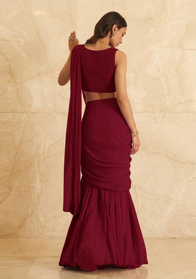 Deep Wine Embroidered Handwork Pre Draped Saree Set - Indya