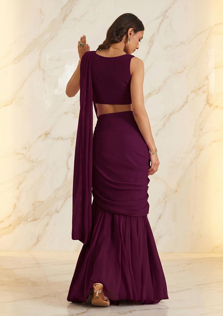 Plum Purple Embroidered Handwork Pre Draped Saree Set - Indya