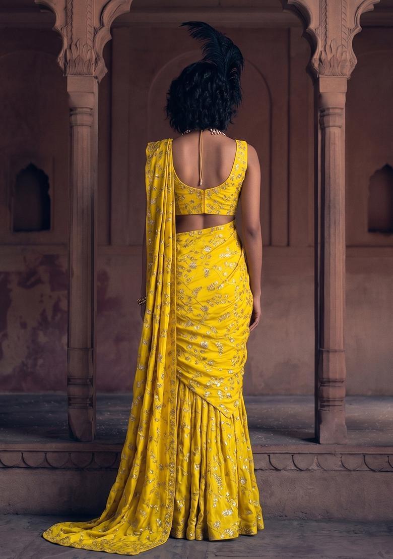 Yellow Embroidered Crepe Pre Draped Saree Set - Indya