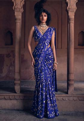 Royal Blue Embroidered Crepe Pre Draped Saree Set