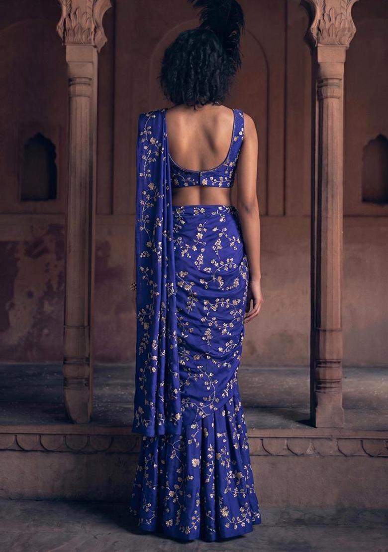 Royal Blue Embroidered Crepe Pre Draped Saree Set - Indya