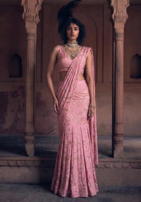 Pastel Pink Embroidered Crepe Pre Draped Saree Set