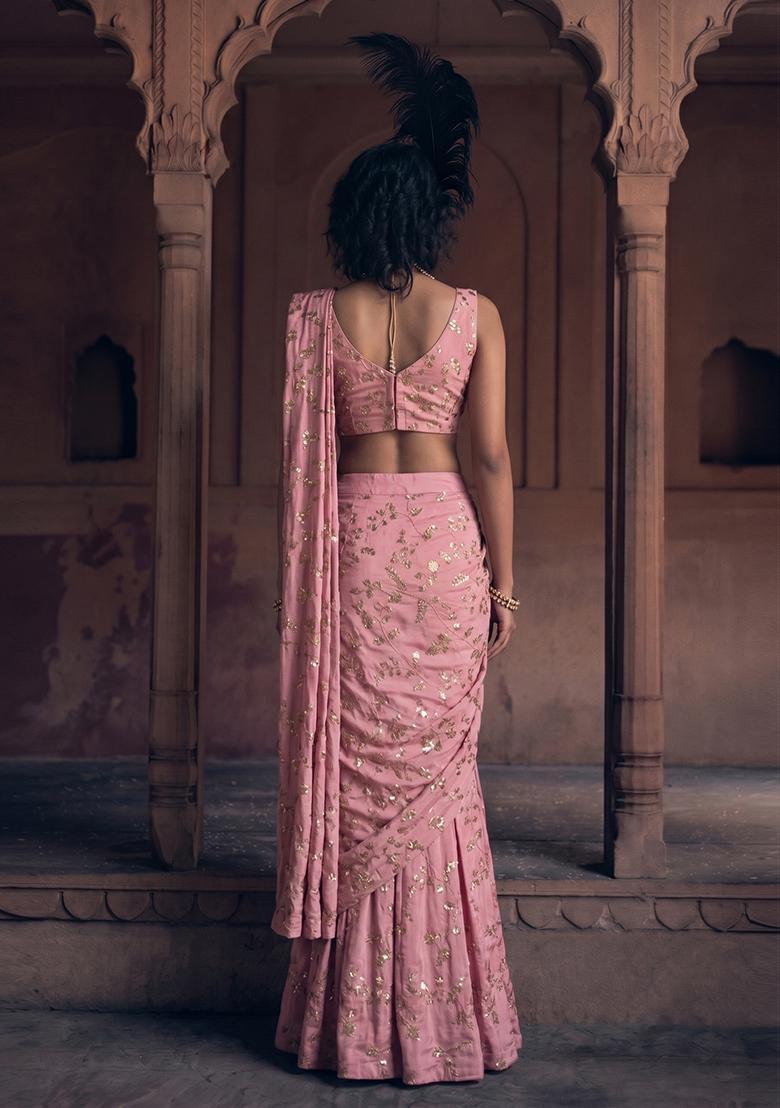 Pastel Pink Embroidered Crepe Pre Draped Saree Set - Indya
