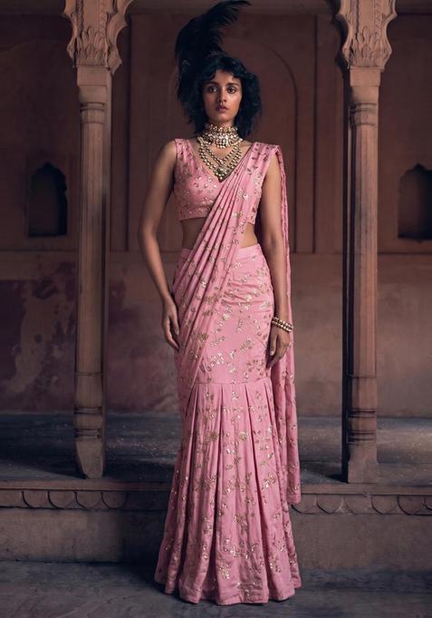 Pastel Pink Embroidered Crepe Pre Draped Saree Set