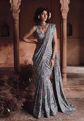 Grey Printed Crepe Pre Draped Saree Set