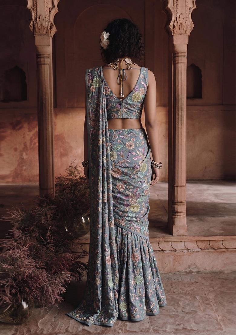 Grey Printed Crepe Pre Draped Saree Set - Indya
