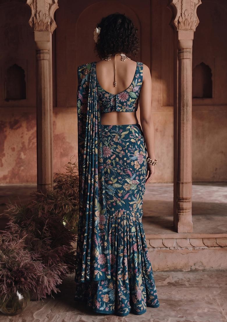 Teal Blue Printed Crepe Pre Draped Saree Set - Indya