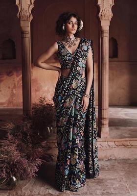 Black Printed Crepe Pre Draped Saree Set