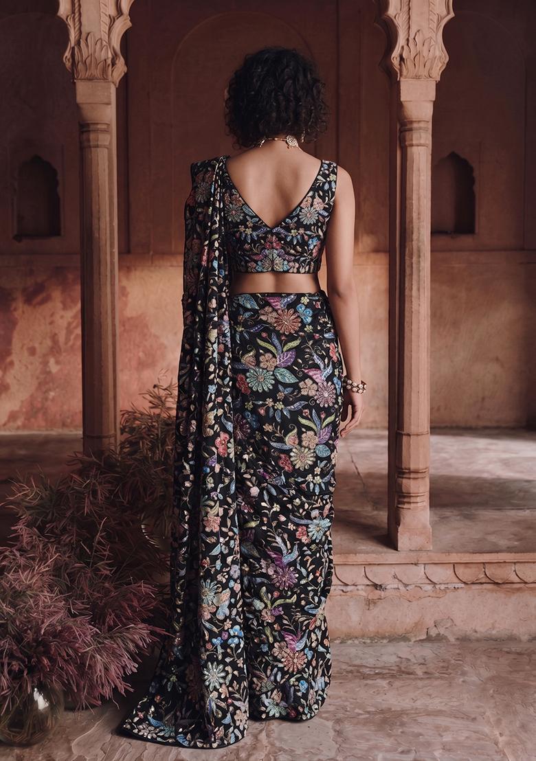 Black Printed Crepe Pre Draped Saree Set - Indya