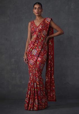 Deep Red Printed Crepe Pre Draped Saree Set