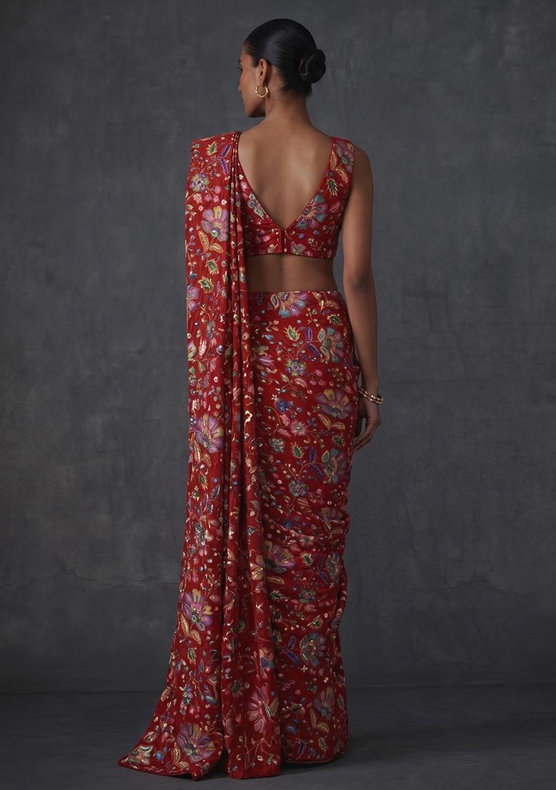 Deep Red Printed Crepe Pre Draped Saree Set - Indya